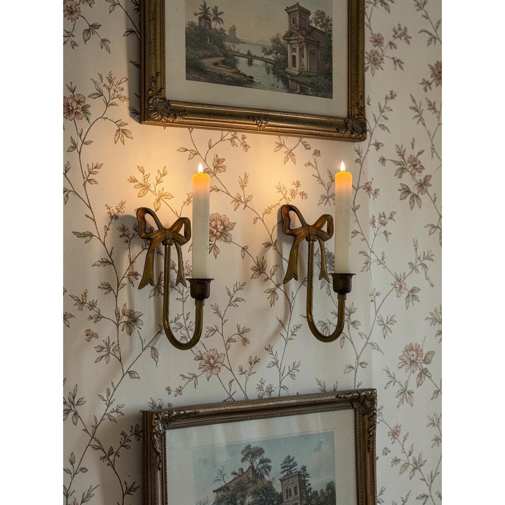 Vintage Louis XVI Bow Brass Candlestick Wall Sconces – Taper Candle Holders Pair